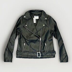 Old Navy Women's Faux Leather Belted Biker Jacket Size S Black Full Zip NWT